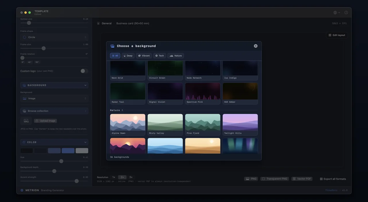 The background picker with Tech and Nature collections of built-in backgrounds.