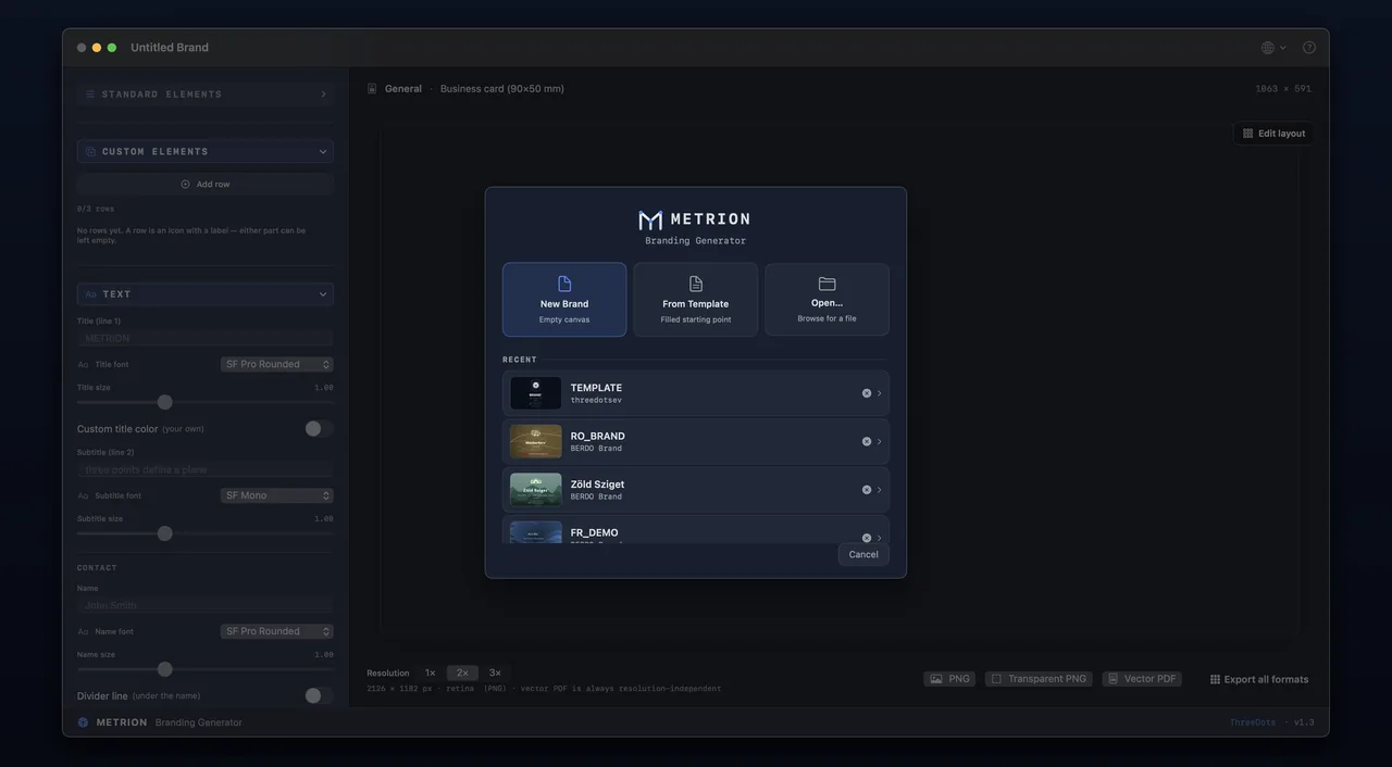 The start window with New Brand, From Template and Open, and a list of recent brand files with previews.