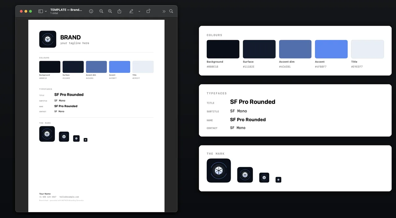 A brand sheet PDF open in Preview, with enlarged cards showing five colours with hex codes, four typefaces and the mark at four sizes.