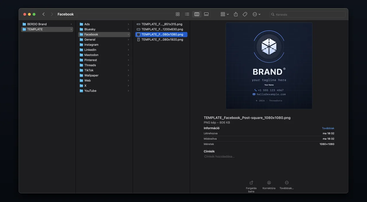 A Finder window with one folder per platform and the Facebook folder open, listing four exported images.